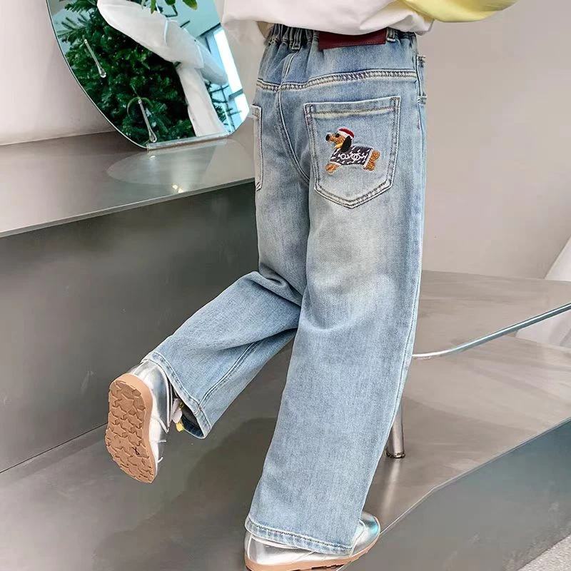 2025新款春季女童中大童腊肠狗牛仔裤休闲松紧腰阔腿裤时尚潮流范