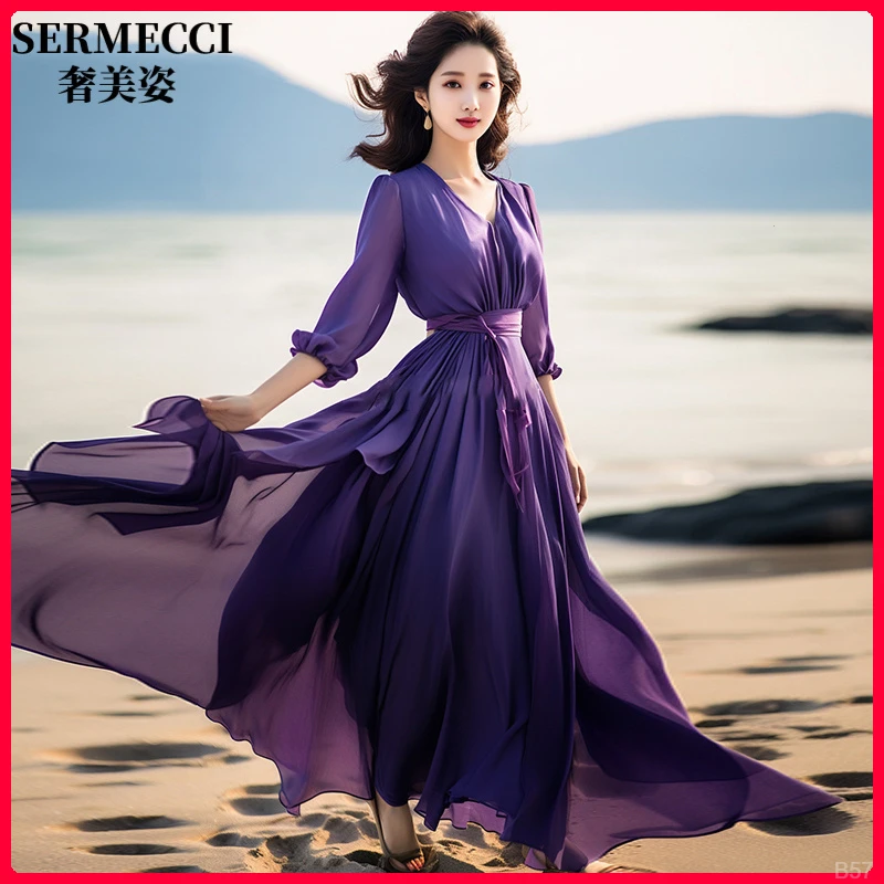 高端浪漫沙滩裙夏季新款高级感法式七分袖长裙收腰显瘦紫色连衣裙