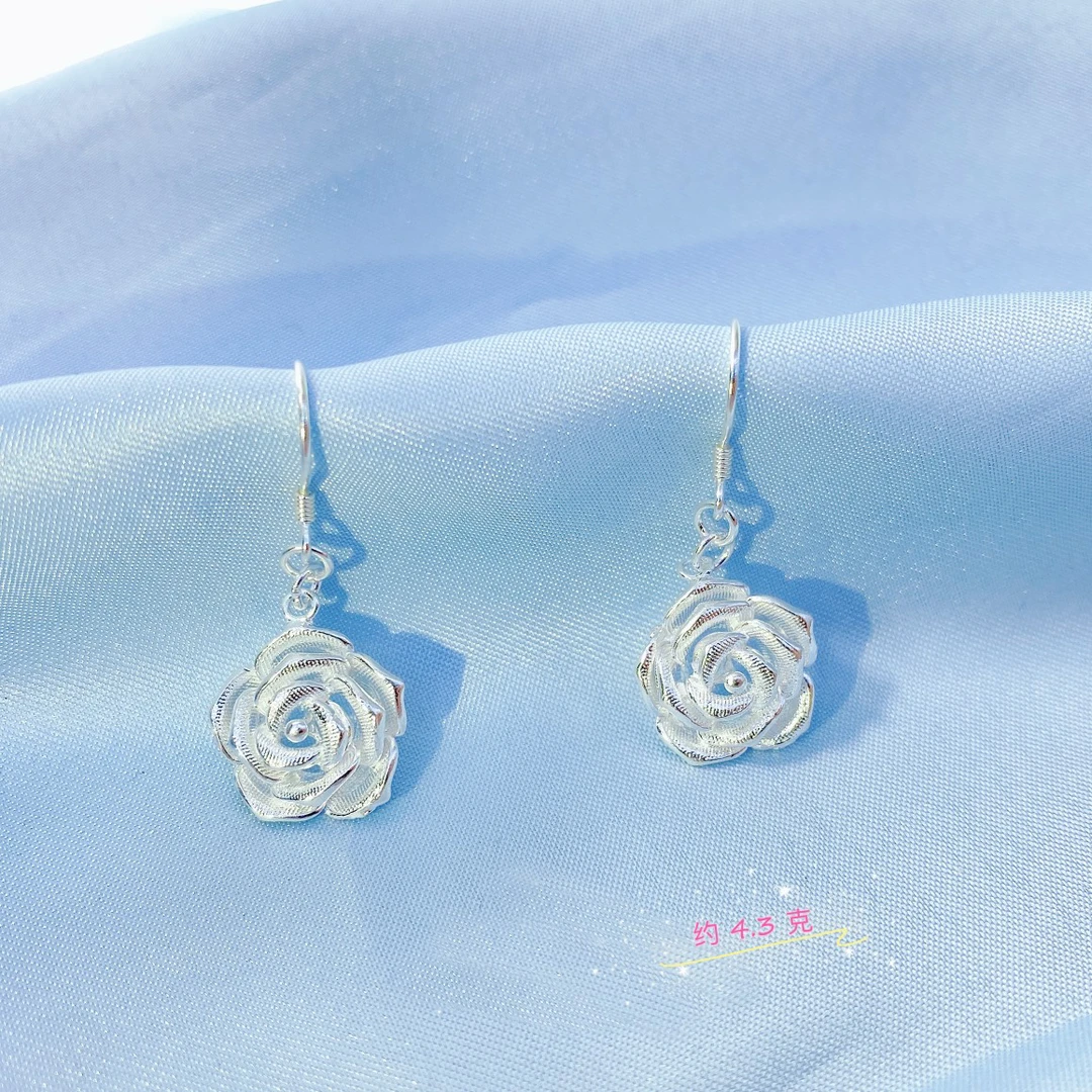 足银耳饰 足银重工花丝玫瑰花耳环