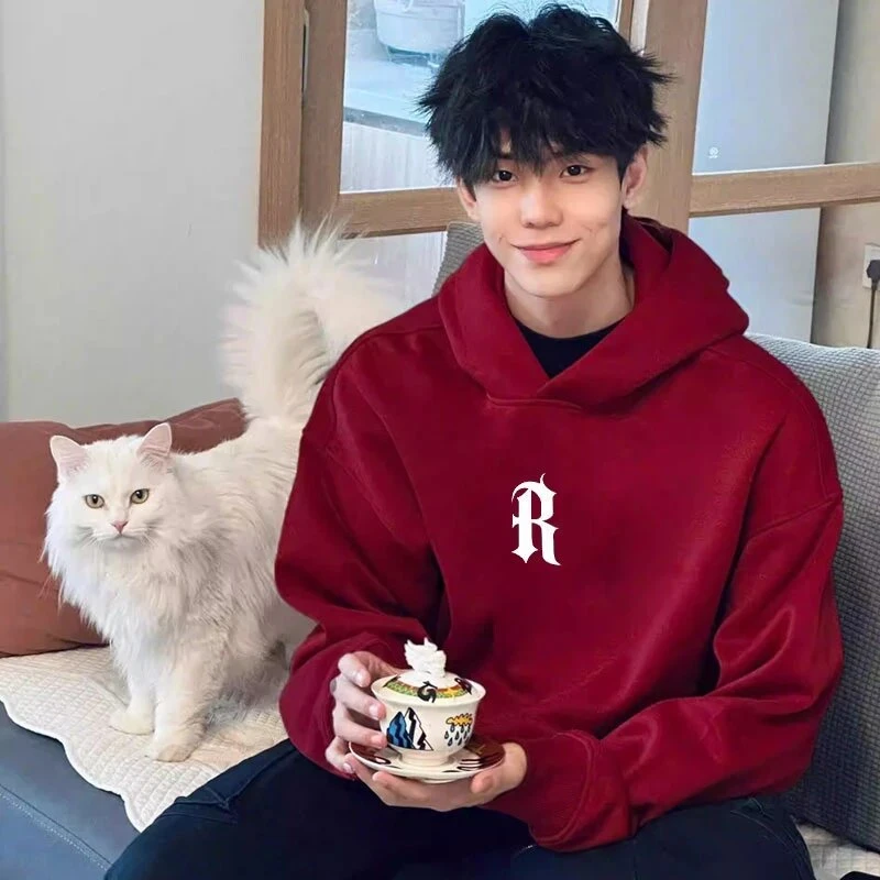 仓石一树潮牌设计感酒红色连帽卫衣男宽松秋冬季新款情侣男装上衣