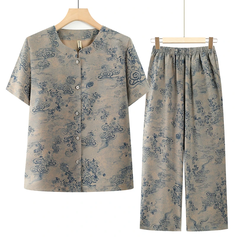 中老年女装夏季短袖套装大码妈妈装宽松上衣休闲奶奶装薄款两件套