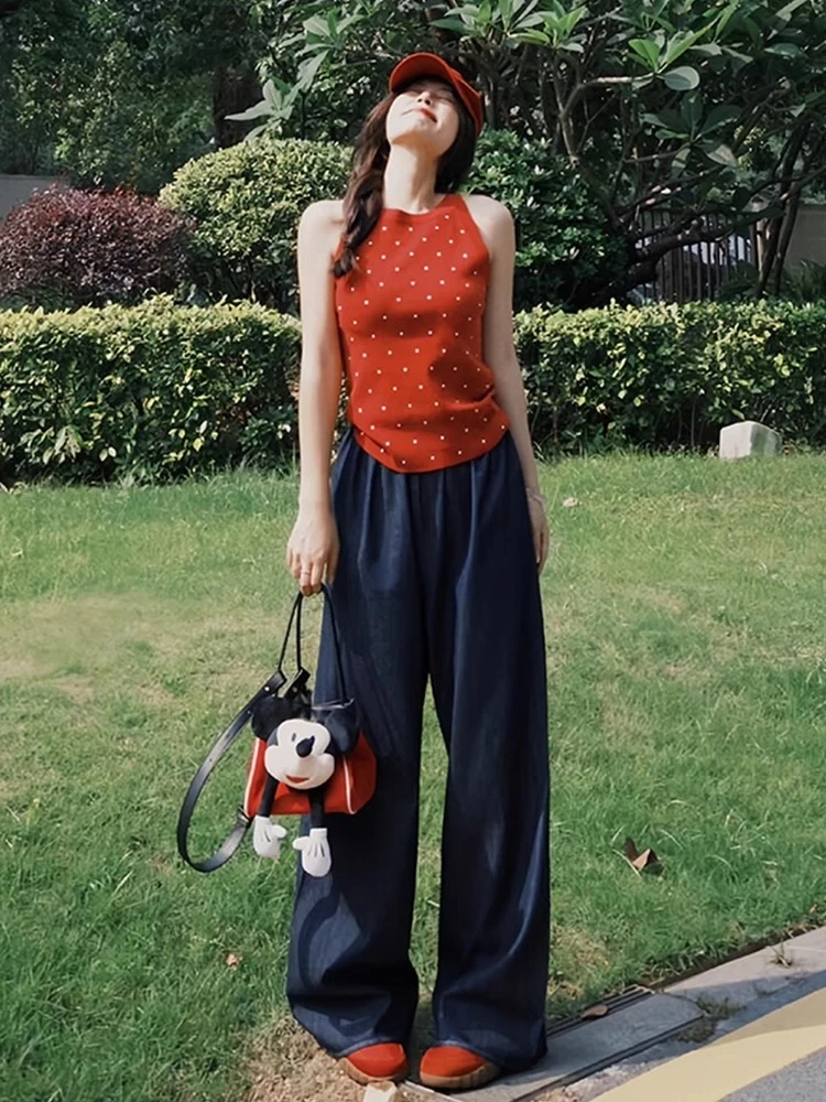 夏季新款夏日多巴胺红色坎肩圆领修身波点T恤休闲裤酷飒拽姐套装