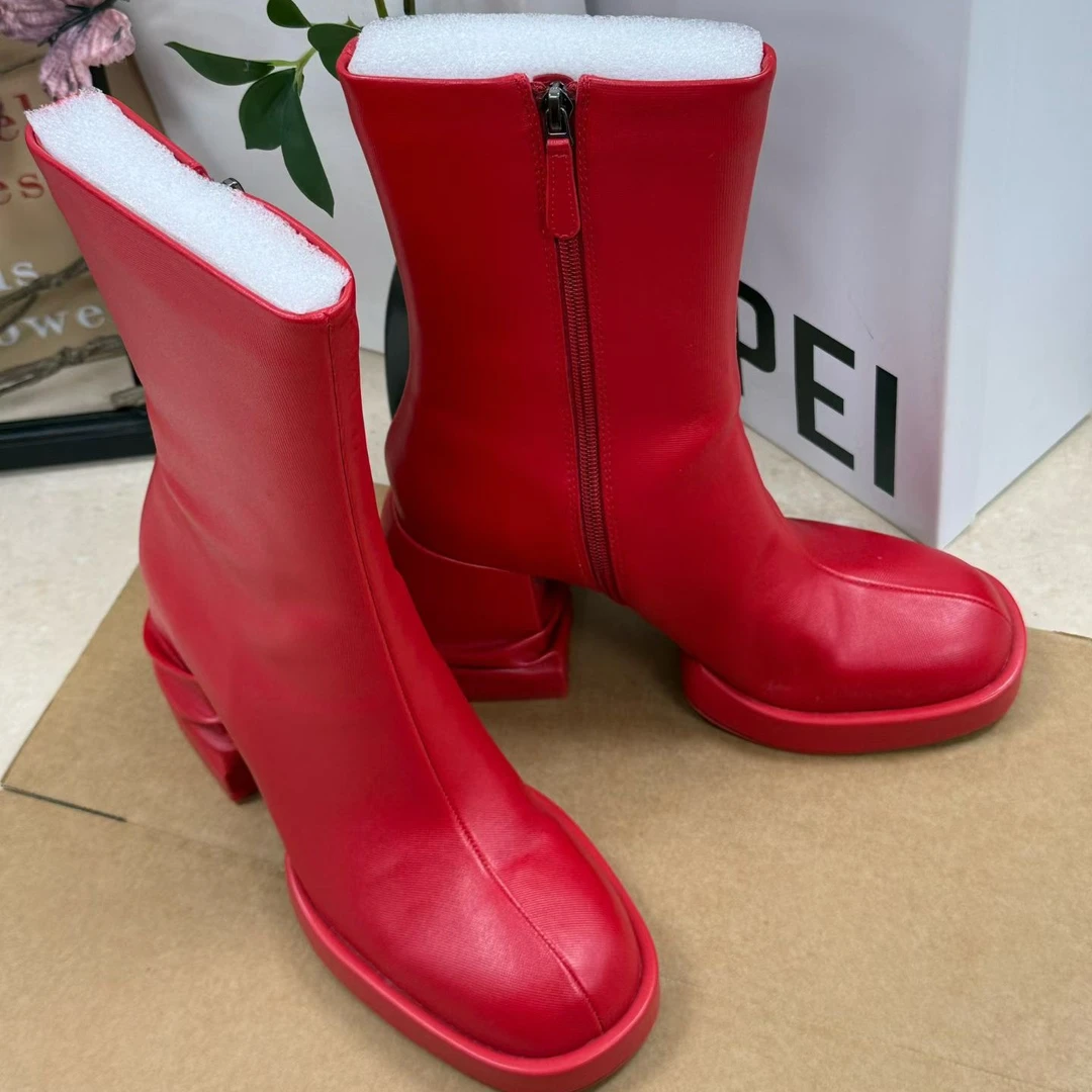 粗跟包头秋冬高跟鞋防滑拉链短靴红色单靴女靴休闲时尚简约厚底鞋