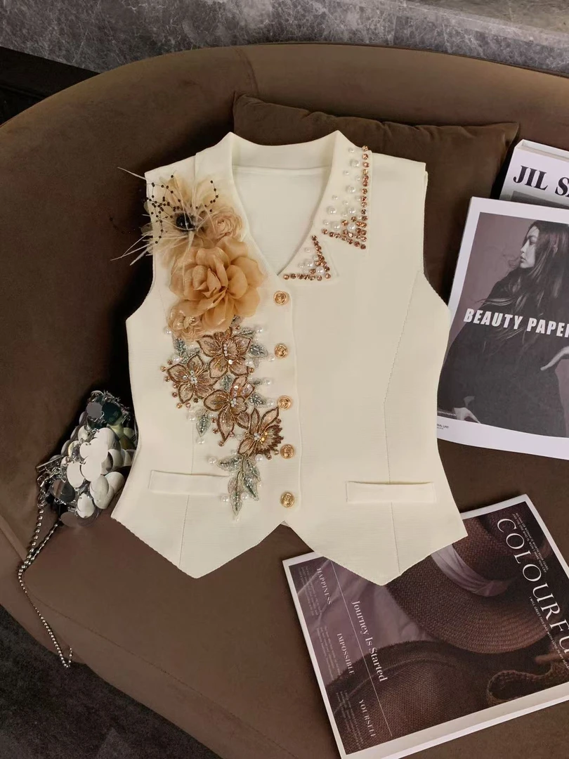 ZHOUYI/周一  时尚气质百搭马甲西装领月季刺绣背心收腰显瘦上衣