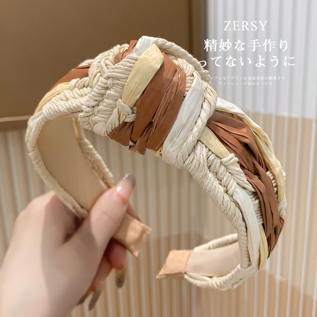 2025新款原创发箍拼色草编头箍夏季时尚百搭高颅顶宽边发卡女头饰