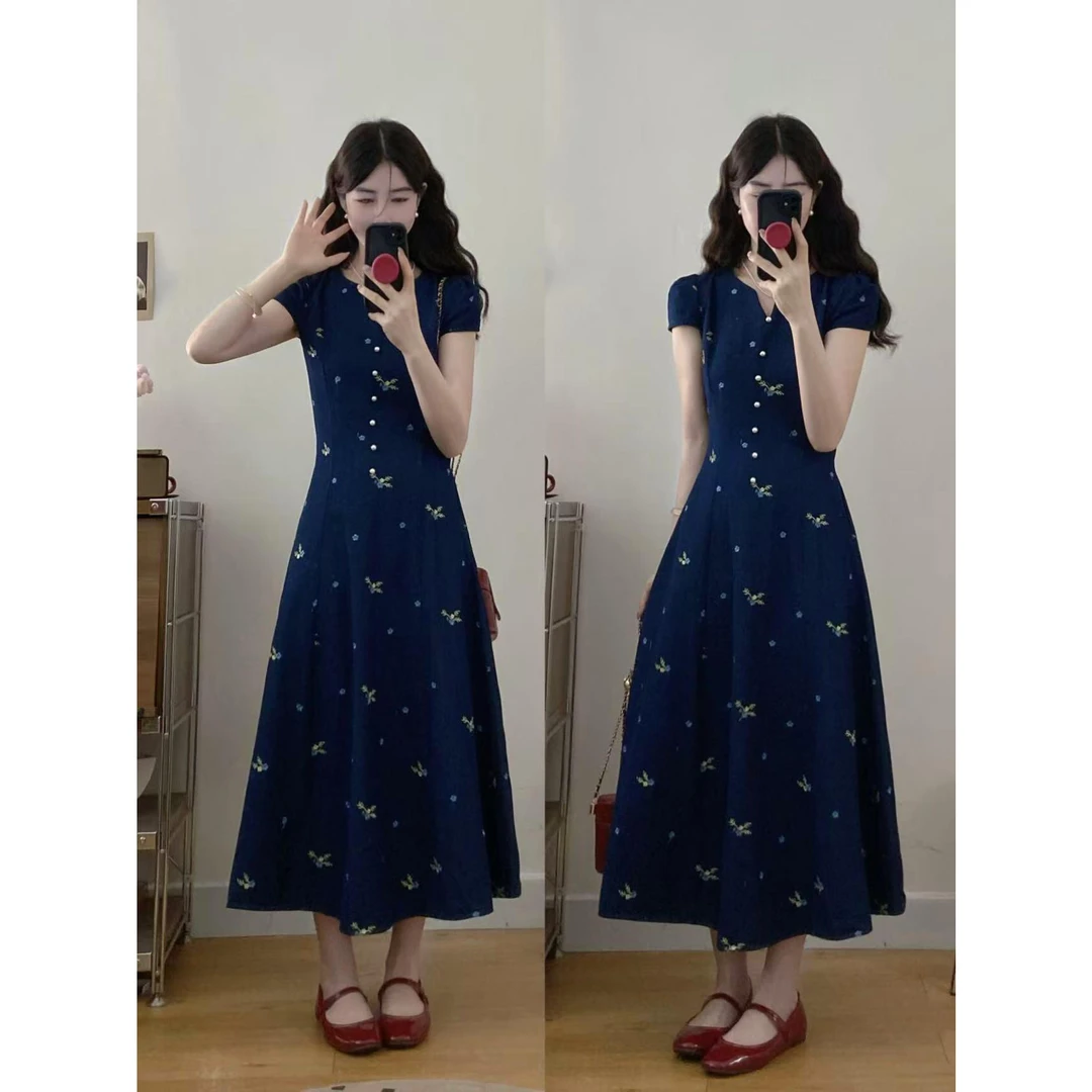 大码【泽灵碎花】长裙温莎梦境钉珠小V领法式复古轻奢刺绣连衣裙