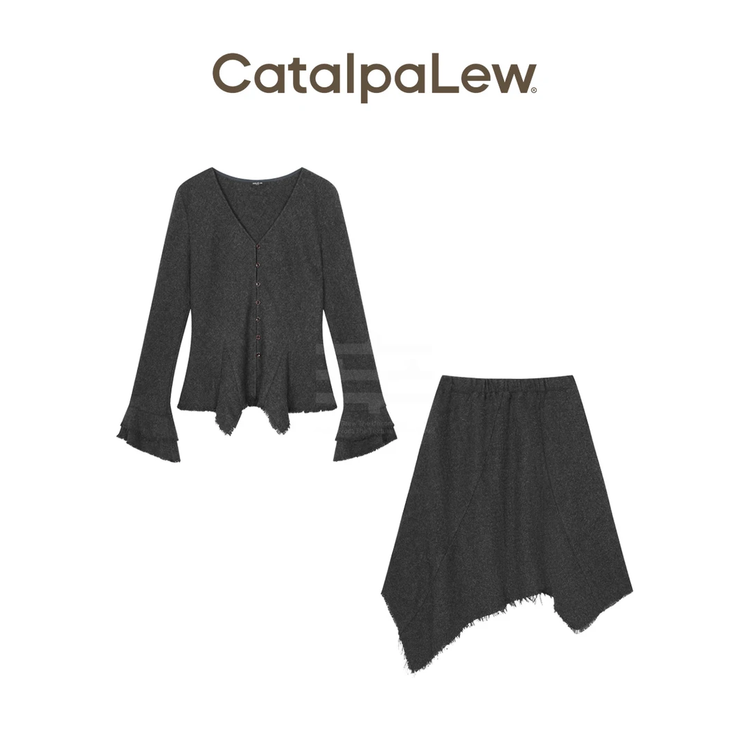 CatalpaLew「听涧」墟生美学黑笺织诗喇叭袖V领毛边裙套装#C53380