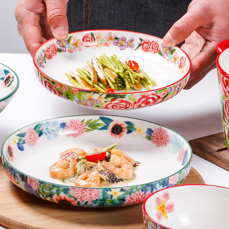 富贵花开7英寸创意陶瓷条纹汤盘凉菜盘釉中彩家用深菜盘手绘餐盘