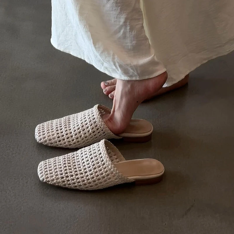 羊皮~复古编织正品包头凉拖鞋女夏季外穿一脚蹬正品镂空平底拖鞋