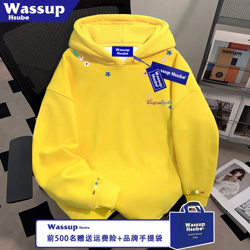 WASSUP HSUBE花卉字母印花男女同款卫衣秋冬连帽黄色加厚加绒上衣