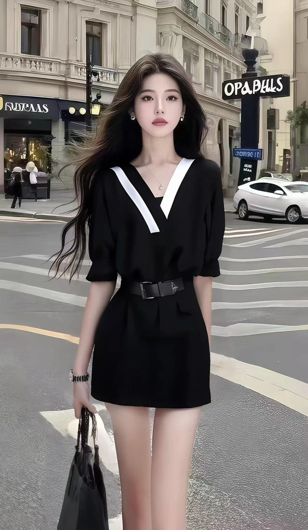 小众时尚轻奢千金风黑色V领短袖收腰系带设计感气质显瘦连衣裙女