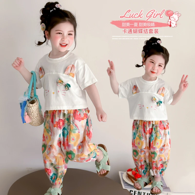 女童短袖套装洋气儿童夏季新款女宝宝碎花防蚊裤两件套小女孩时髦