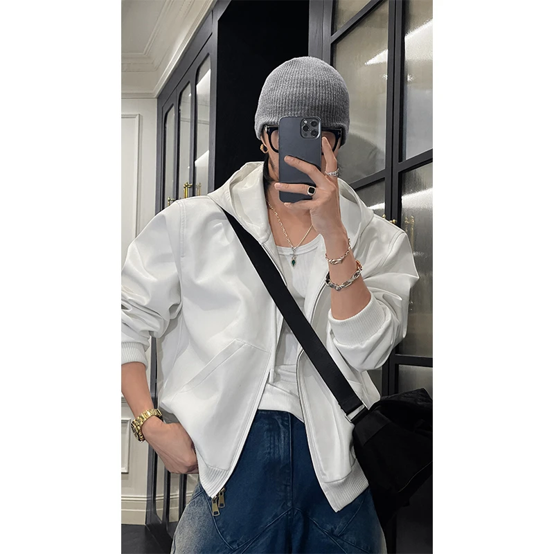 龙叨叨2025春季新品美式街头连帽皮衣外套痞帅高级感简约机车夹克