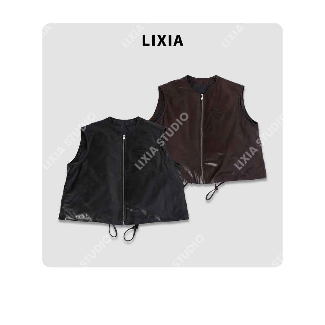 LIXIA【酷感机士】机车风休闲时髦轻奢油蜡羊皮鹅绒抽绳马甲-D9821