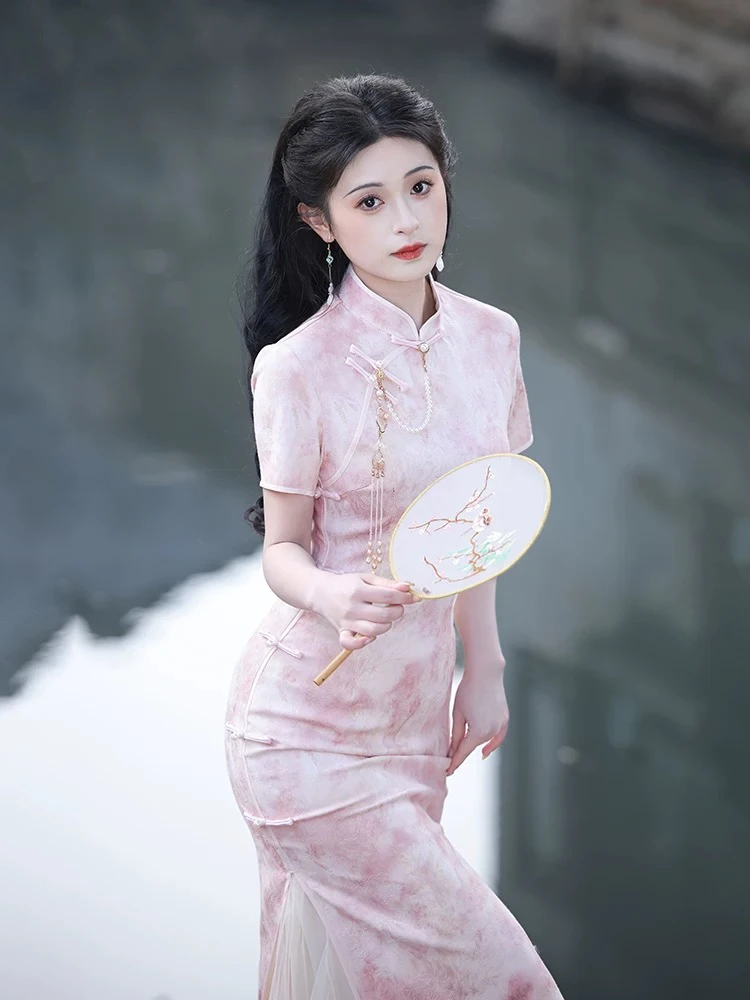 （油画）旗袍2025新款新中式改良版国风连衣裙高端修身少女春夏粉色