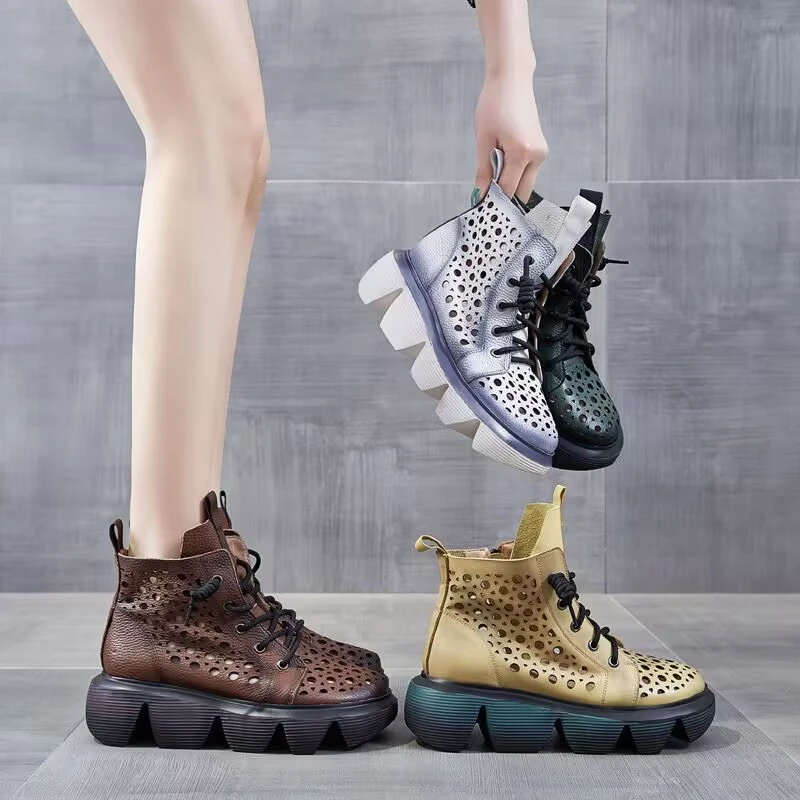 镂空洞洞凉鞋女式新款夏季英伦风ins超火真皮凉靴松糕厚底马丁靴