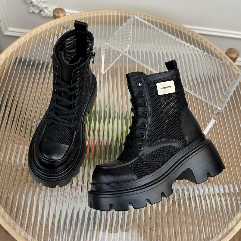 镂空马丁短靴女网面增高2025夏季新款透气时装凉靴英伦风靴子