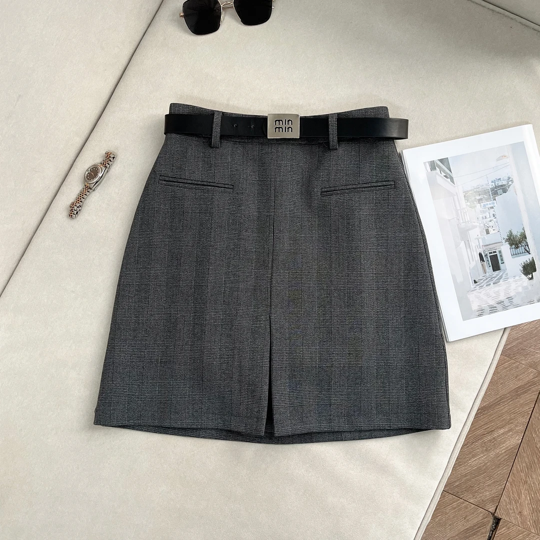 【南油溪溪】灰色前开叉半身裙中裙秋冬格纹气质包臀A字裙802033