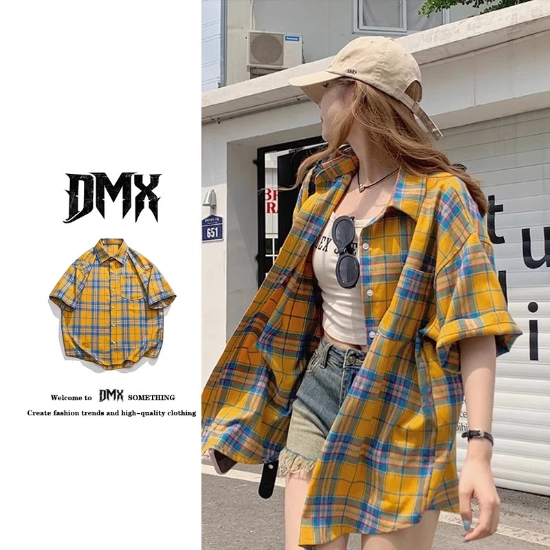 美式复古黄色格子衬衫短袖外套男春夏宽松情侣休闲百搭防晒衬衣女