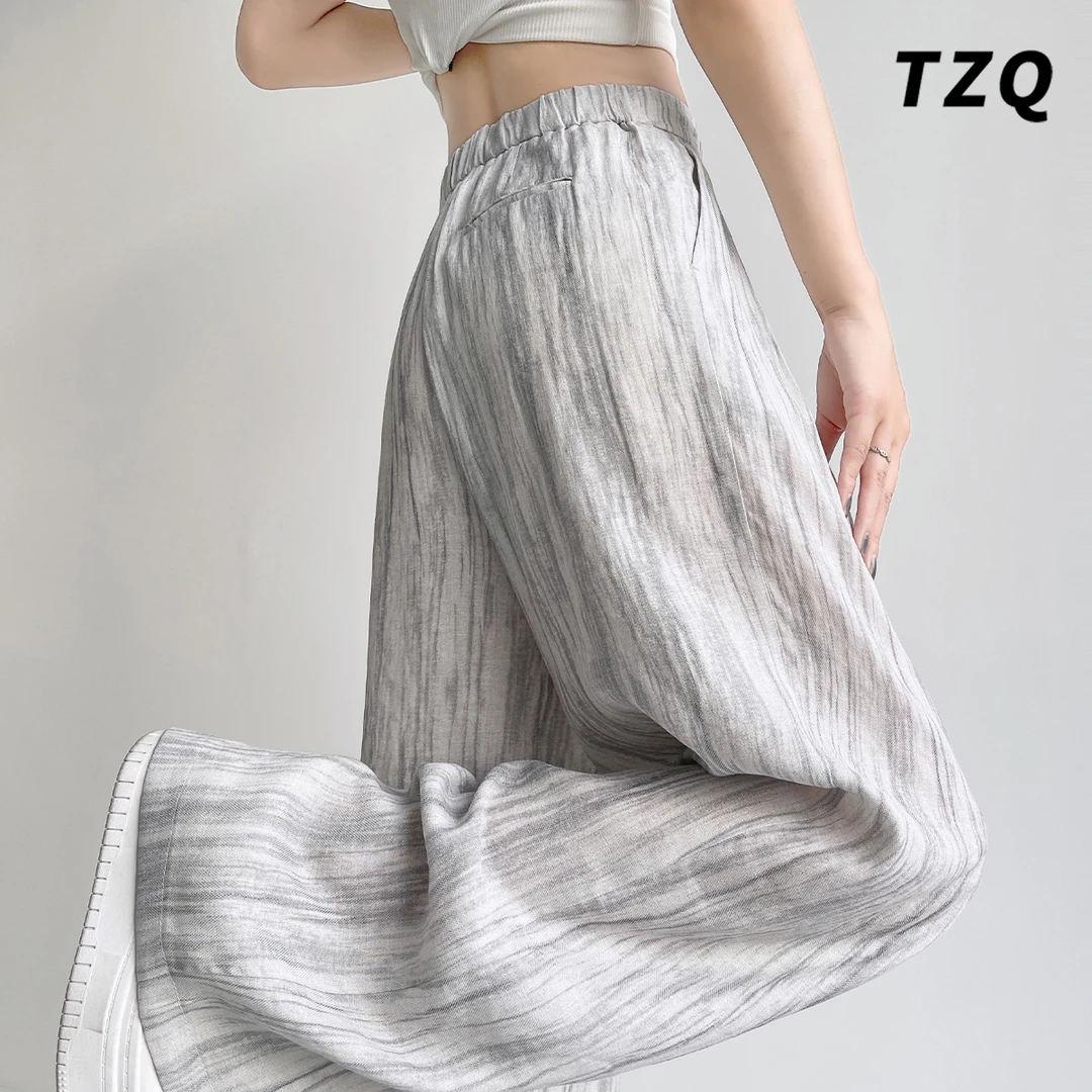 亚麻水墨扎染山本阔腿裤女夏季2025新款复古条纹休闲裤TZQ2552830
