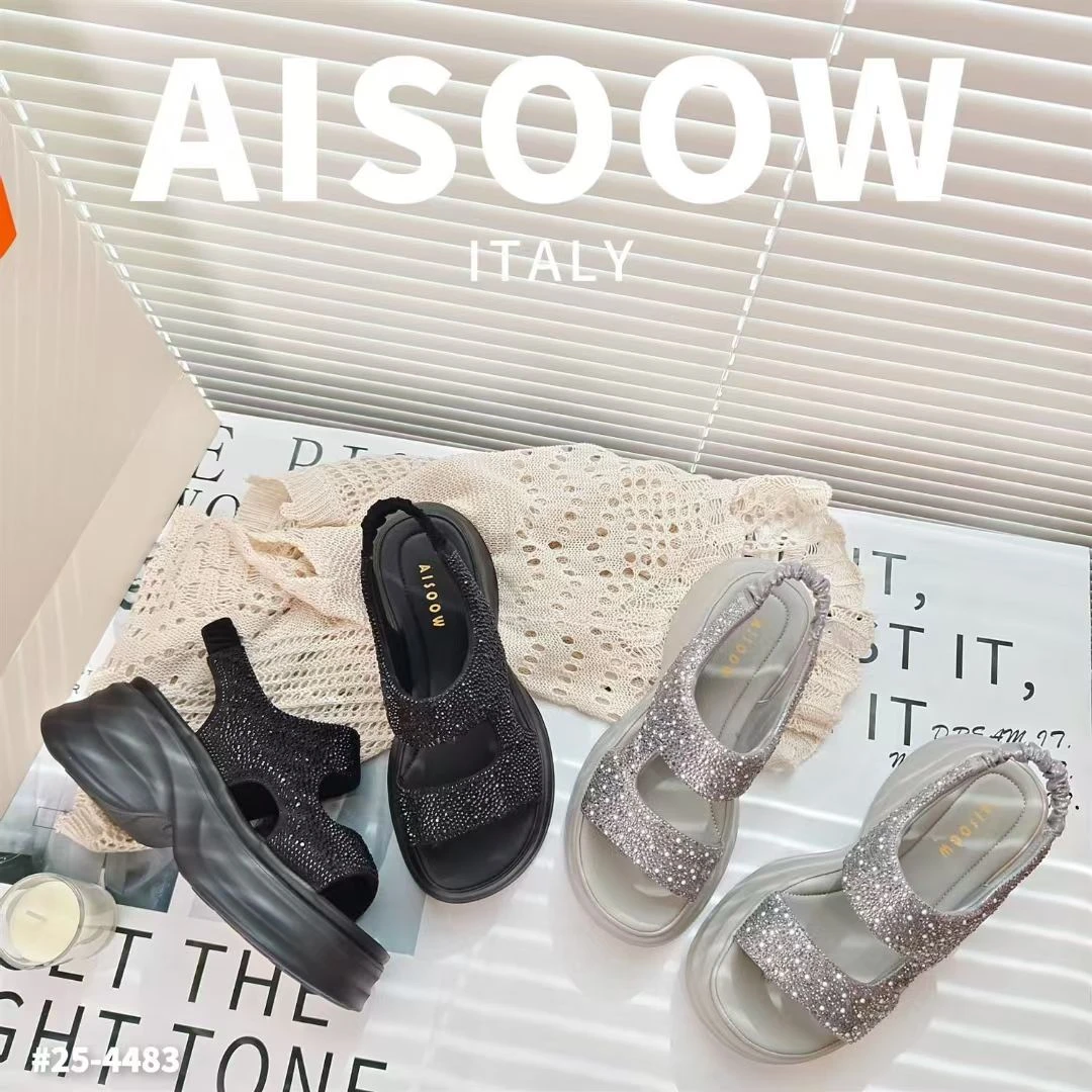 水钻露趾一字式扣带休闲时装凉鞋小香风高智淡人风