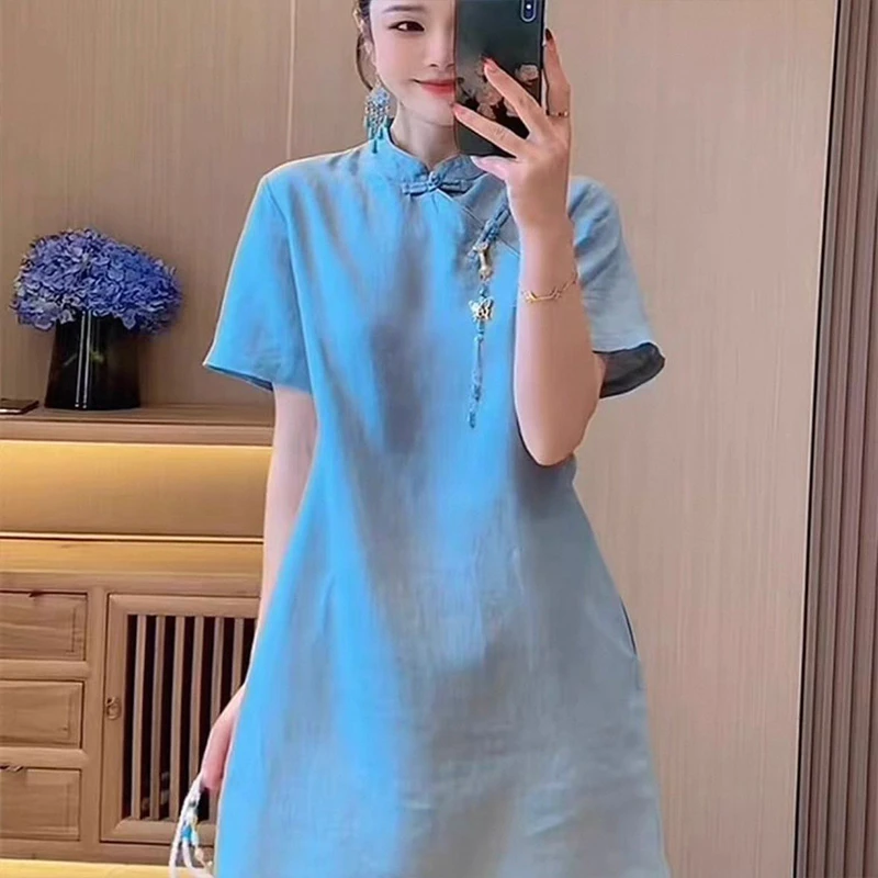 女夏季新中式红色缎面提花盘扣短袖国风今年流行漂亮别致连衣裙
