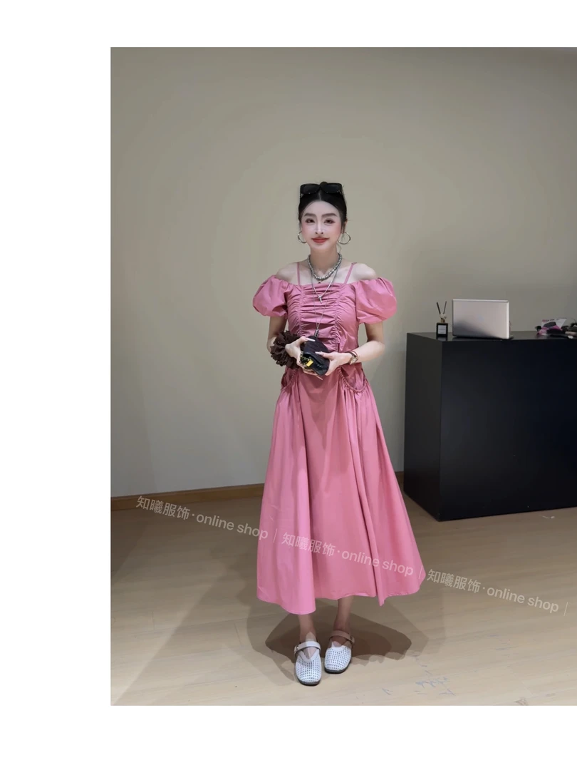 2025夏季新款气质收腰中长裙高级感法式一字肩吊带连衣裙5258