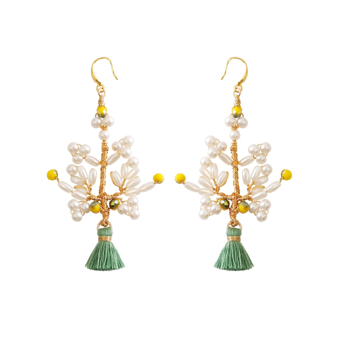 铜合金仿珍珠耳饰 手作串珠时尚生命树耳环清新气质森系度假风