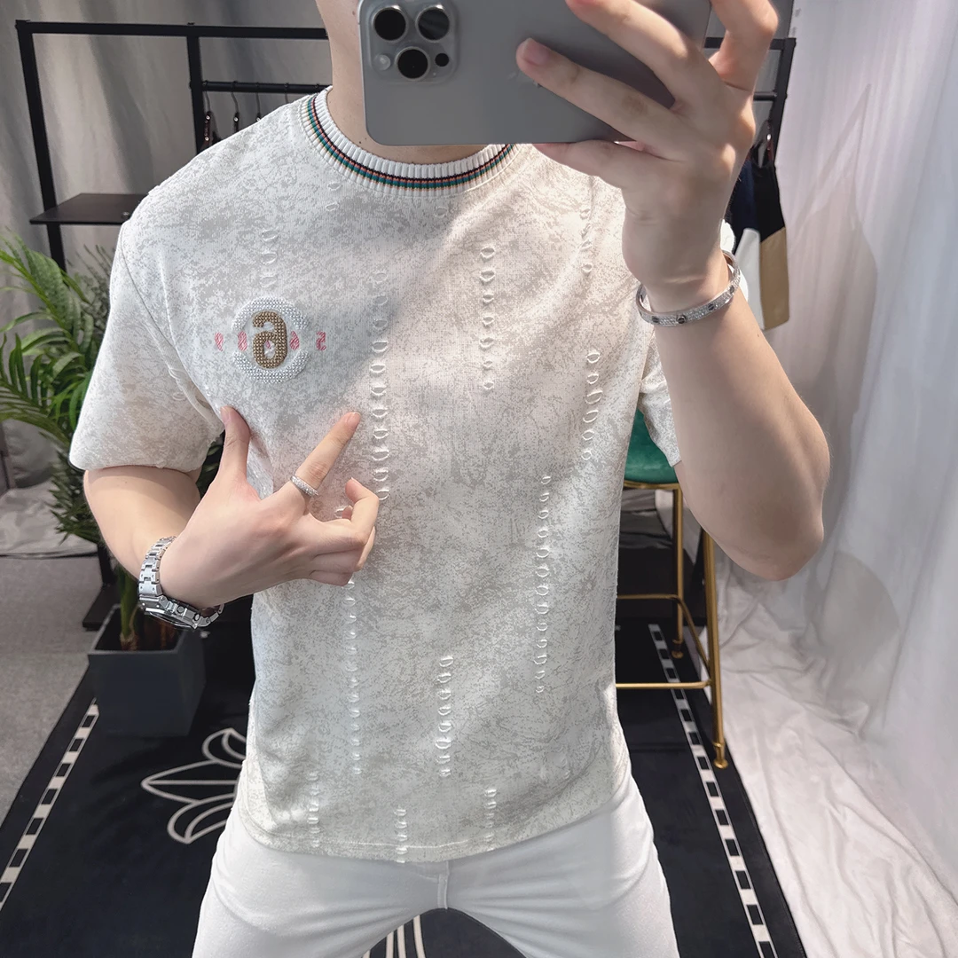 欧洲站2025新款男士短袖t恤小众高端潮牌刺绣数字设计感欧货男装