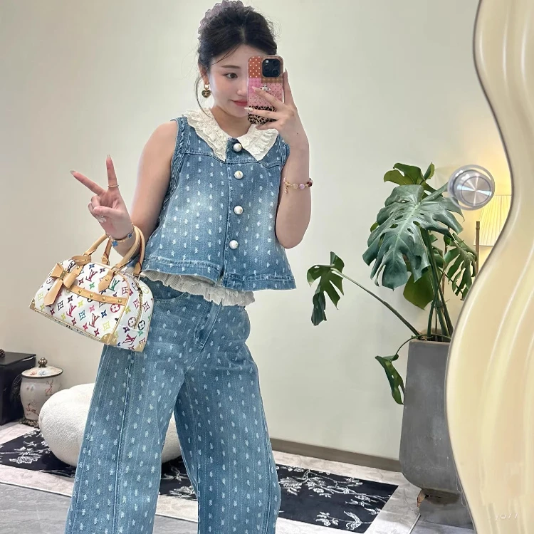 YOYOUNA baby同款浪漫春夏氛围感蕾丝花边牛仔马甲阔腿裤套装25夏