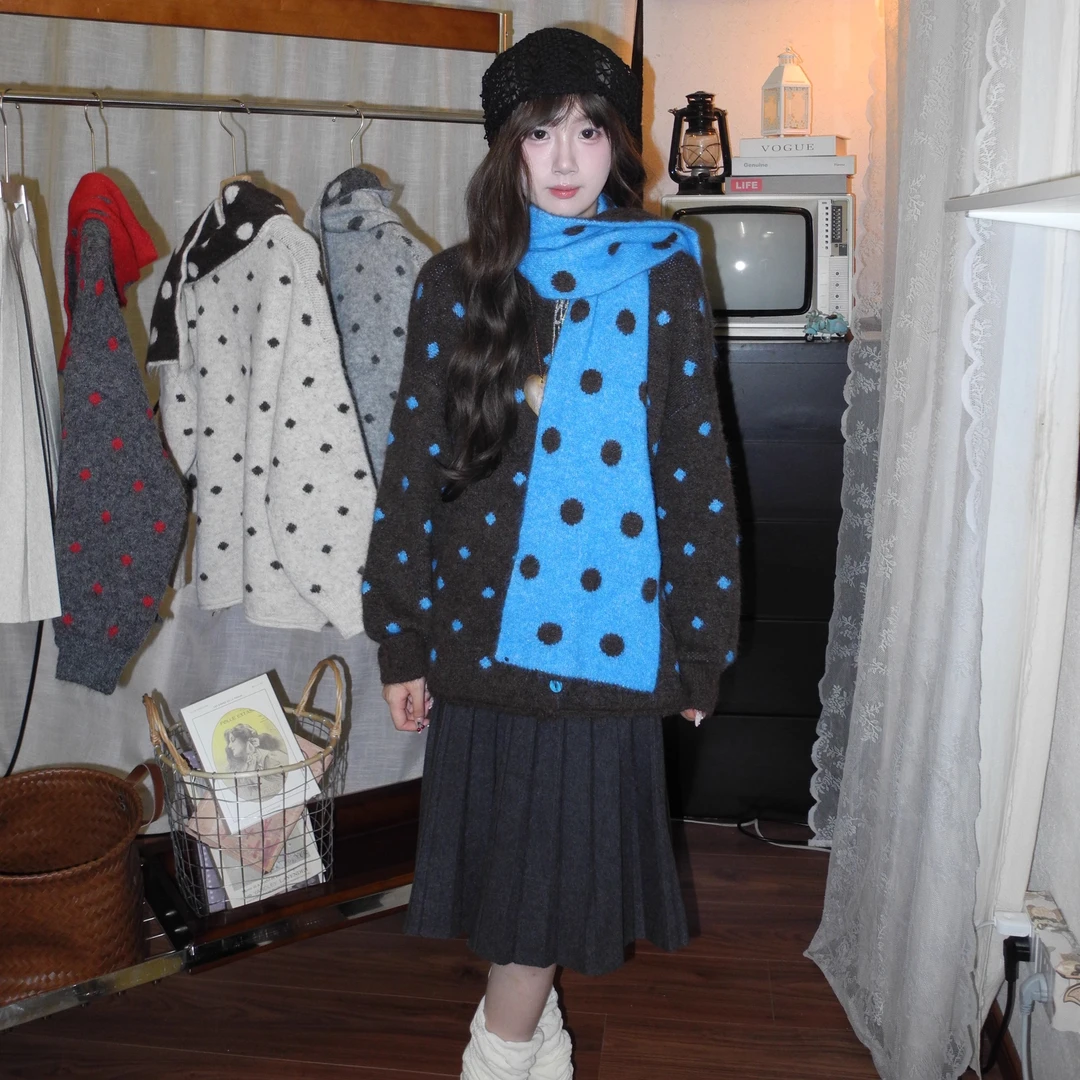 【配围巾+毛衣】百搭慵懒风韩系波点针织开衫围巾宽松秋冬