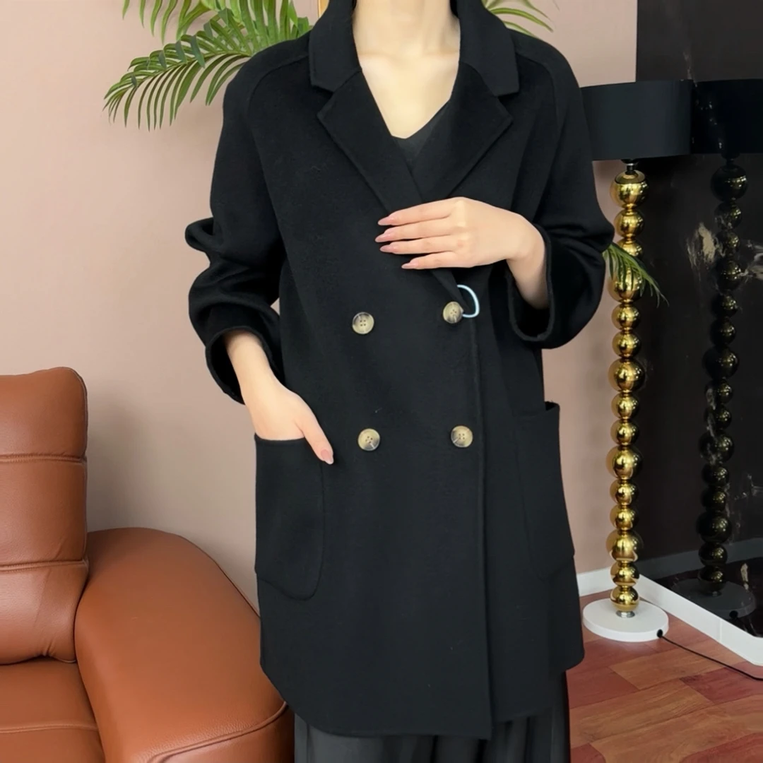 856韩版双面羊毛百搭大衣经典四粒扣中长款羊毛大码女装