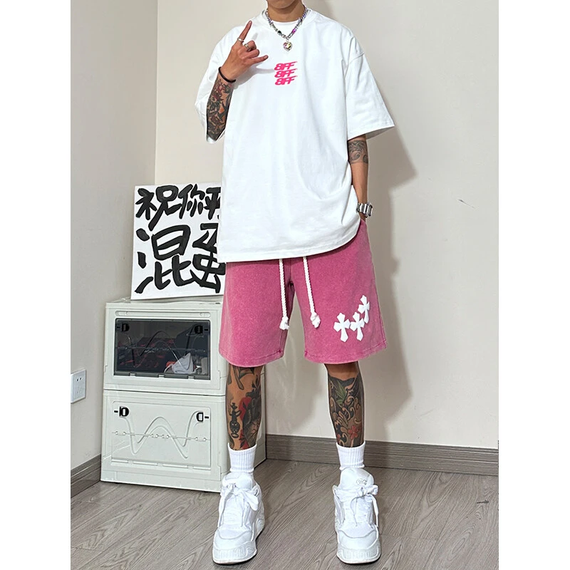 XBOY cleanfit纯棉320G宽松水洗做旧发泡印花短裤