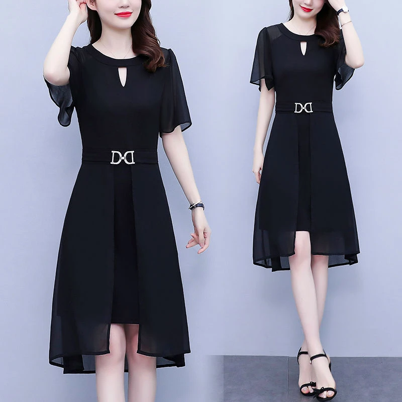 黑色连衣裙女2025年夏季新款贵夫人高端遮肚显瘦洋气减龄裙子