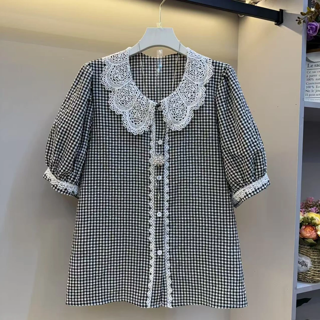 时尚2025新款翻领甜美格子高级感衬衫大码女装夏季衬衫
