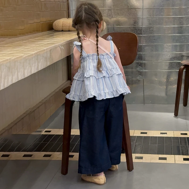 R25106女童夏季蝴蝶结绑带吊带衫儿童新款甜美格纹上衣阔腿裤套装