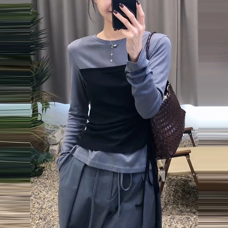 洋气衣服女假两件拼接撞色绑带收腰圆领长袖T恤早秋季新款上衣潮