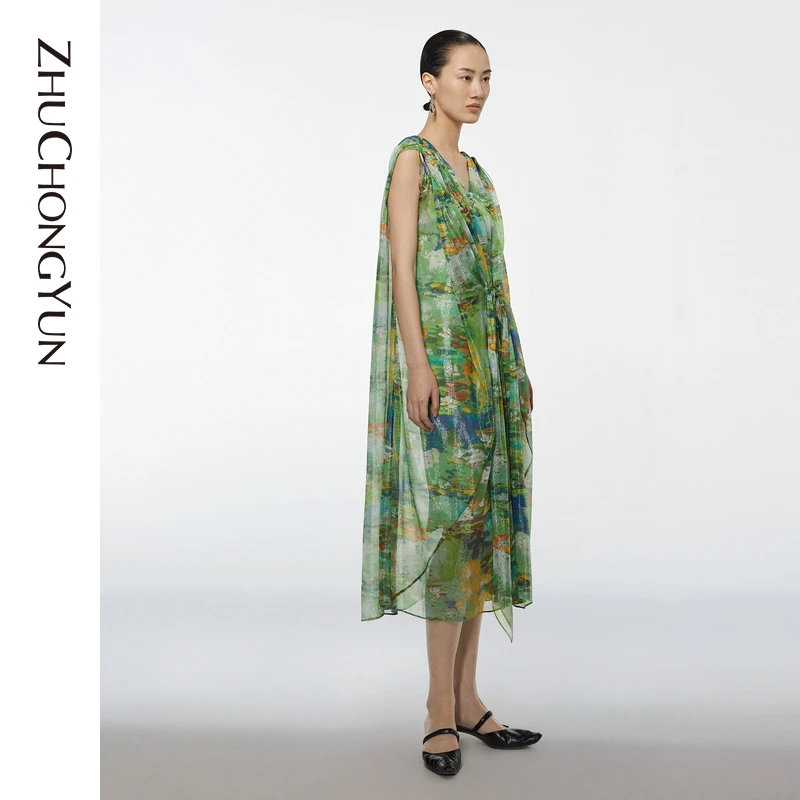 【冬姐精选】ZHUCHONGYUN绿色夏季提花桑蚕丝连衣裙