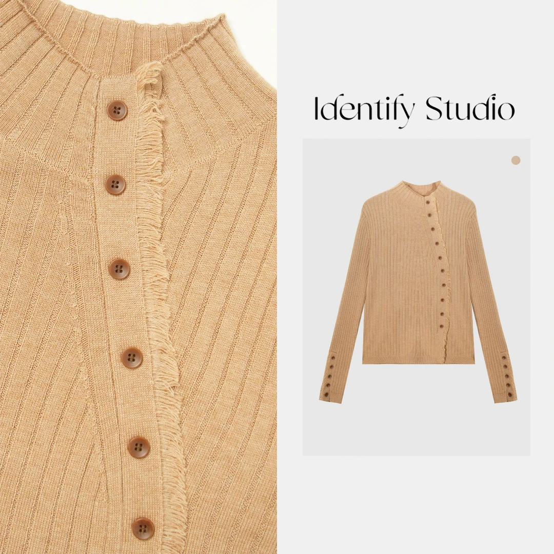 IDENTIFY冬季老钱复古不规则纽扣修身羊毛开衫25AWG120240