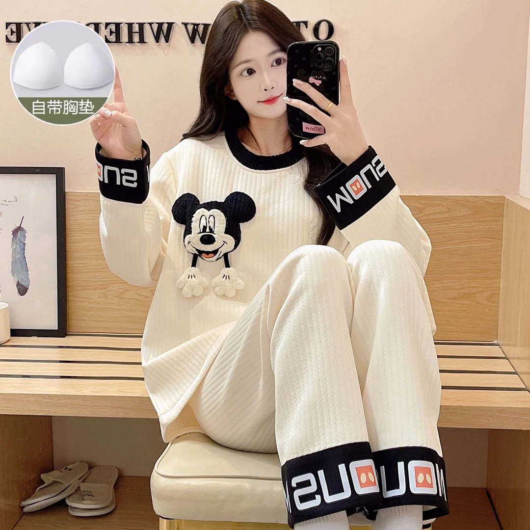 睡衣带胸垫一体空气棉长袖保暖秋冬季2025新款加厚可爱家居服套装