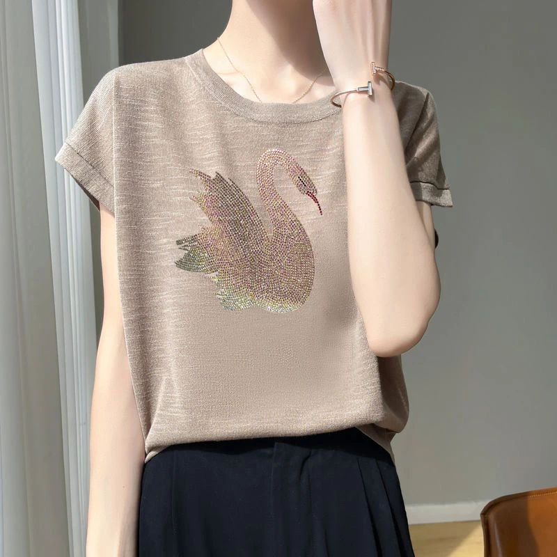 凉爽竹节麻针织短袖女T恤重工天鹅烫钻冰丝圆领半袖内搭打底上衣