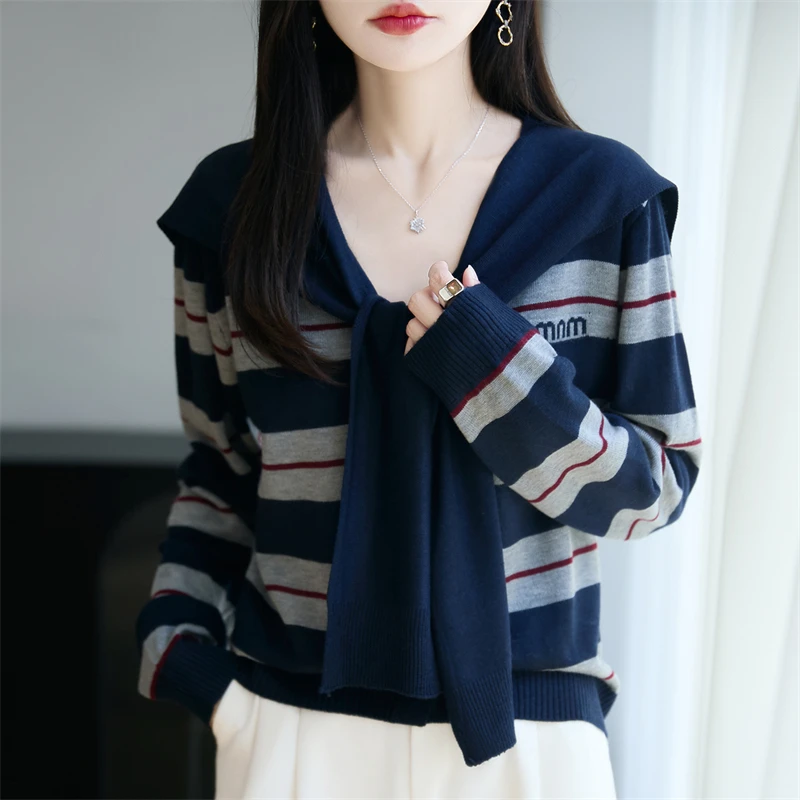 哥弟阿玛施正品女装针织开衫披肩领撞色条纹长袖V领秋季通勤上衣