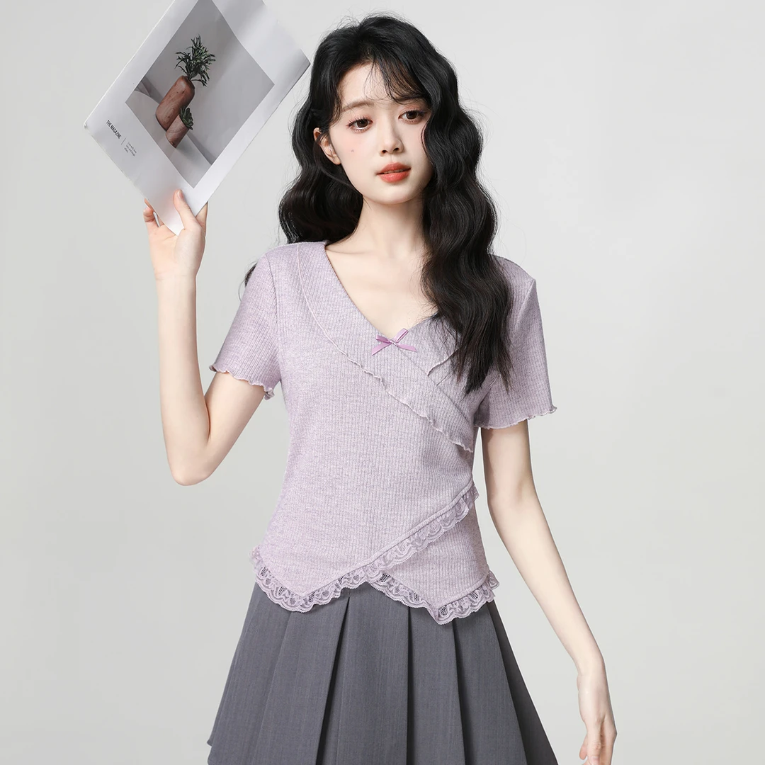 紫色木耳边短袖T恤女夏2025夏季新款设计感蕾丝拼接V领体恤短上衣