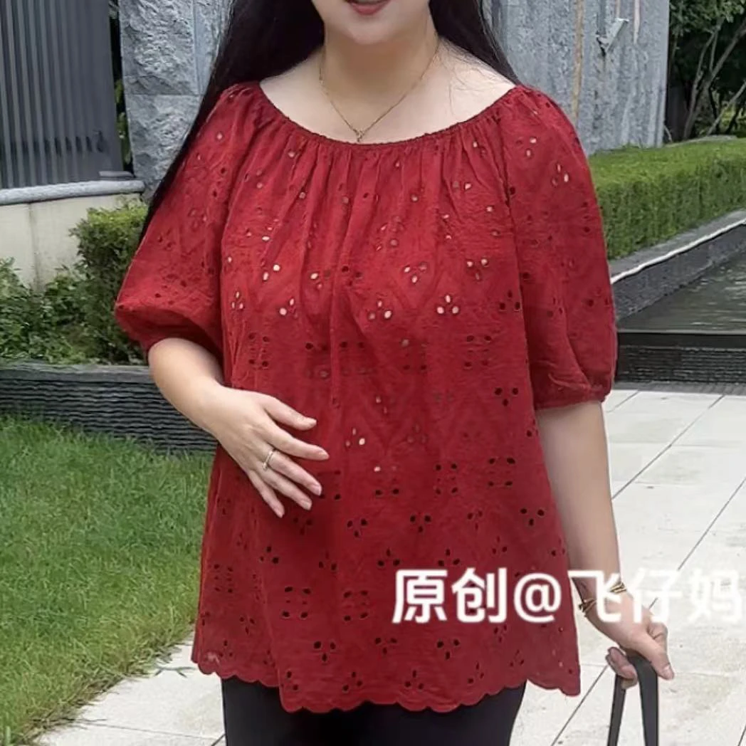 新款大码女装欧货时尚洋气纯色高级镂空圆领百搭显瘦上衣