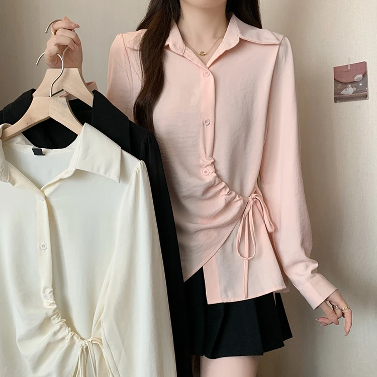大码显瘦收腰不规则绑带衬衫秋季新款胖MM宽松时尚设计感别致上衣