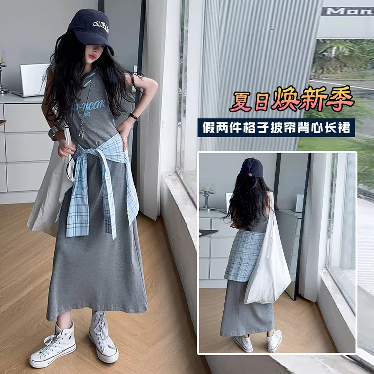 儿童无袖假两件吊带连衣裙女童格子屁帘夏季度假风背心女孩收腰裙