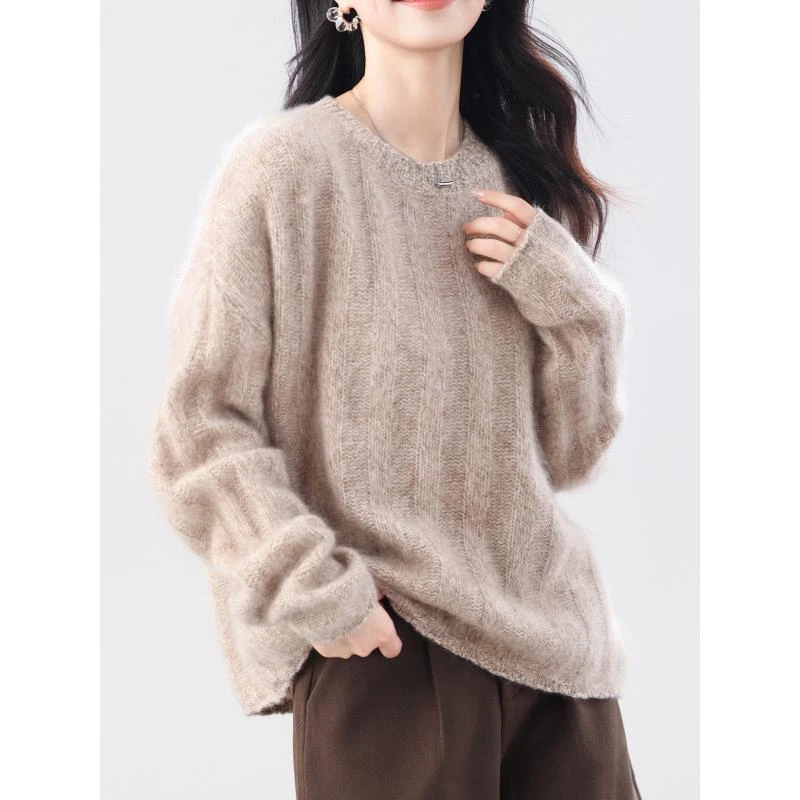 拉绒圆领坑条花纱羊绒羊毛上衣宽松ZM802