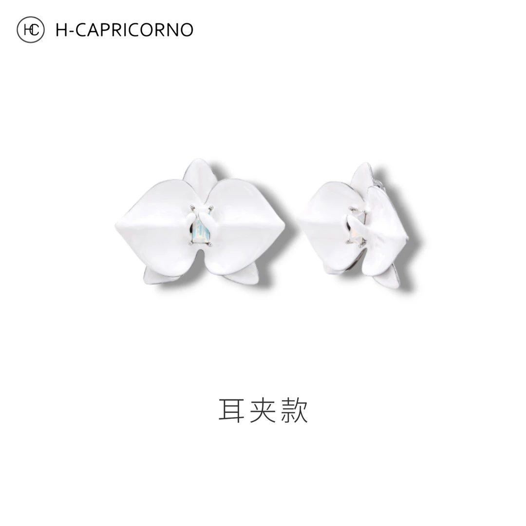 铜合金耳饰 联名高级珐琅优雅简约耳夹白色兰花耳饰耳夹