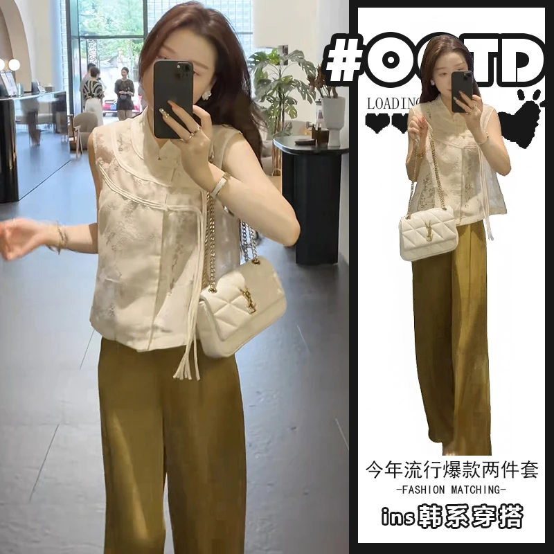 高级感复古中国风两件套女2025夏季独特气质上衣高腰垂感阔腿裤潮