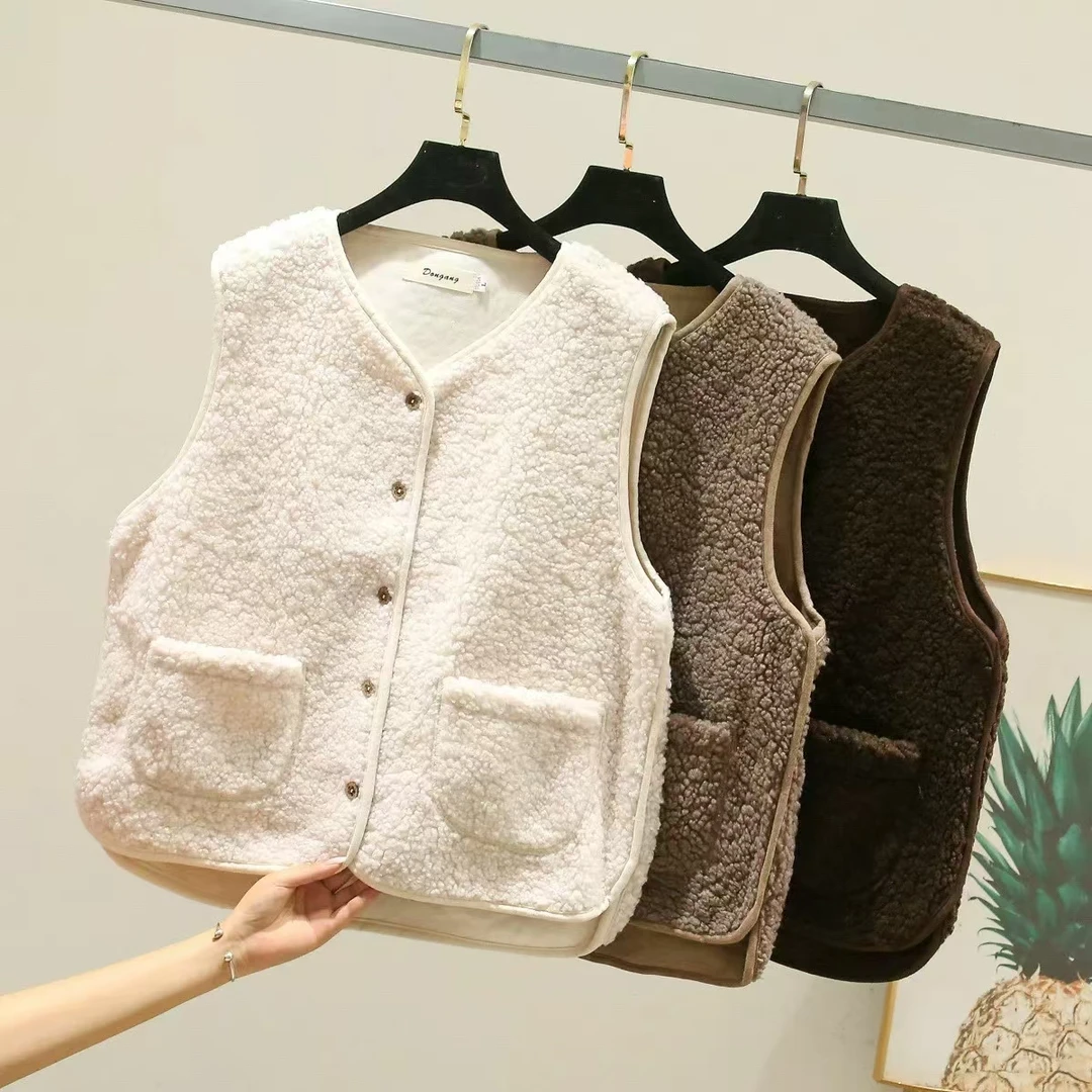 女纯色耐磨薄款短款宽松型短外套加绒休闲保暖羊羔绒